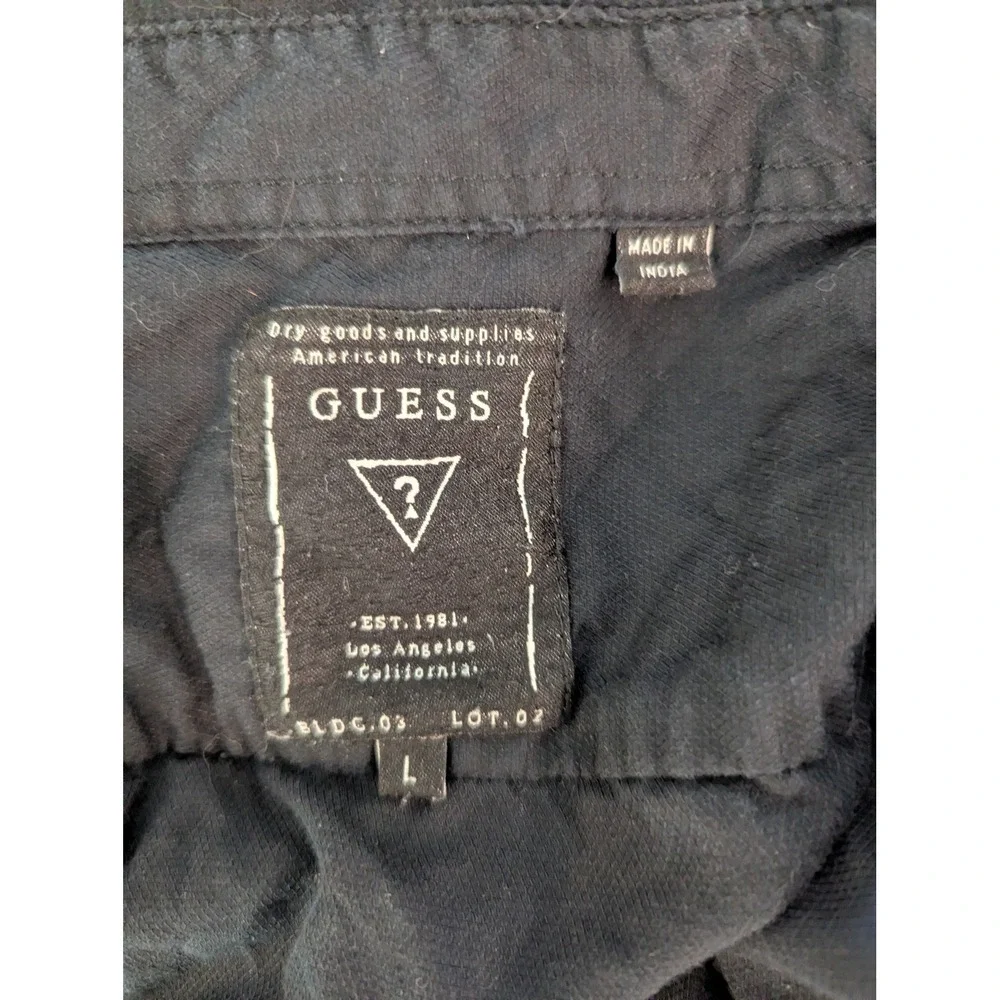 Guess Men's Military Utility Button Up Shirt Black Large Epaulets Cotton